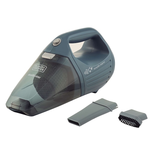 Photo of BLACK+DECKER APS1200 handheld vacuum with blue body, dust container, and two cleaning accessories, front angle.