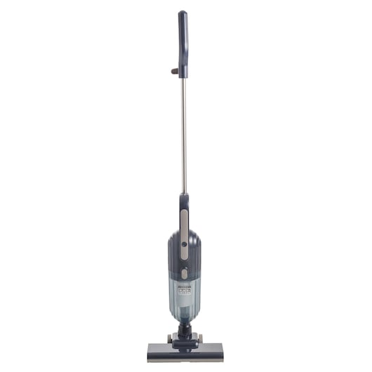 Photo of BLACKDECKER AV15 stick vacuum cleaner, upright front view, dark grey and silver design.