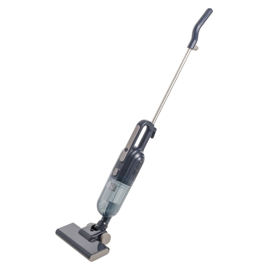 Photo of BLACK+DECKER AV15 stick vacuum cleaner, side angle, with clear dust container and ergonomic handle.