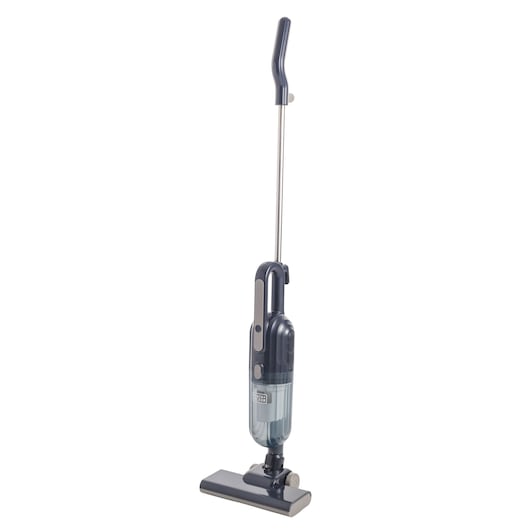 BLACKDECKER AV15 upright stick vacuum cleaner, dark gray, side angle on white background.