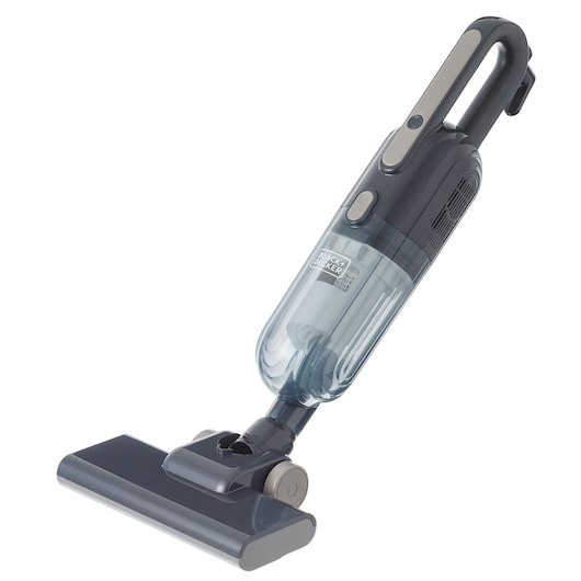 Photo of BLACK+DECKER AV15 gray cordless stick vacuum cleaner, side angle, with transparent dustbin.