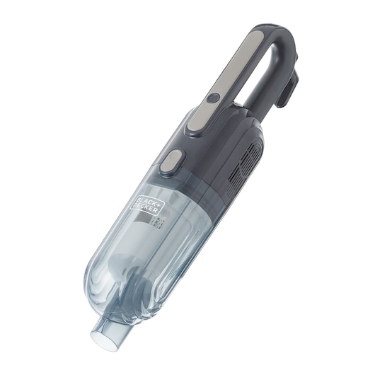 Photo of BLACKDECKER AV15 handheld vacuum cleaner in black and gray, side angle on white background.