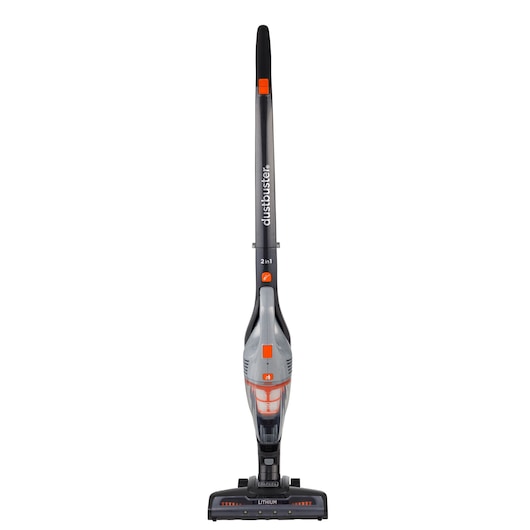 BLACKDECKER AV160 stick vacuum cleaner, 2-in-1 model, gray and orange, front view, white background.