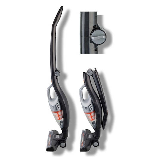 BLACKDECKER AV160 upright vacuum cleaner side view, foldable handle feature, black and gray with orange accents.