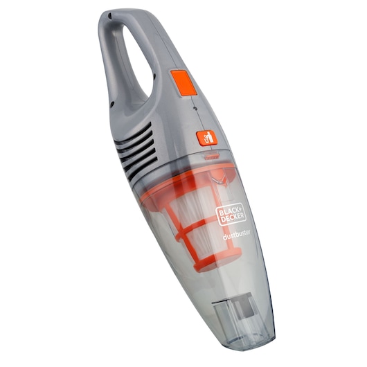 BLACK+DECKER AV160 handheld vacuum cleaner with gray and orange design, angled view on white background.