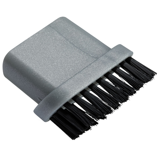 BLACKDECKER AV160 compact gray plastic brush accessory with black bristles, angled on white background.