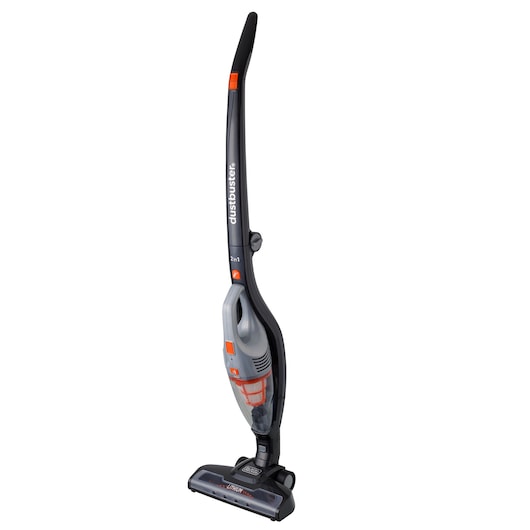 BLACKDECKER AV160 cordless upright vacuum cleaner, grey and orange, front angle on white background.