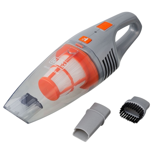 BLACK+DECKER AV160 handheld vacuum cleaner with orange and grey design, shown with two nozzle attachments, side angle.