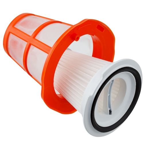 BLACKDECKER AV160 vacuum filter with orange mesh frame and white pleated element, angled on white background.