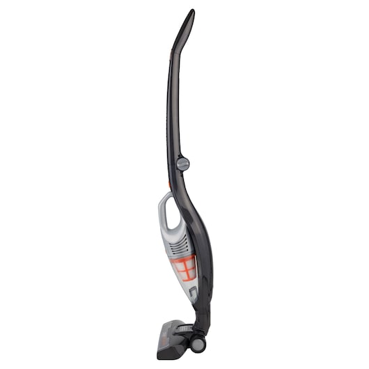 Photo of BLACKDECKER AV160 upright vacuum cleaner, side view, gray and orange plastic body on white background.