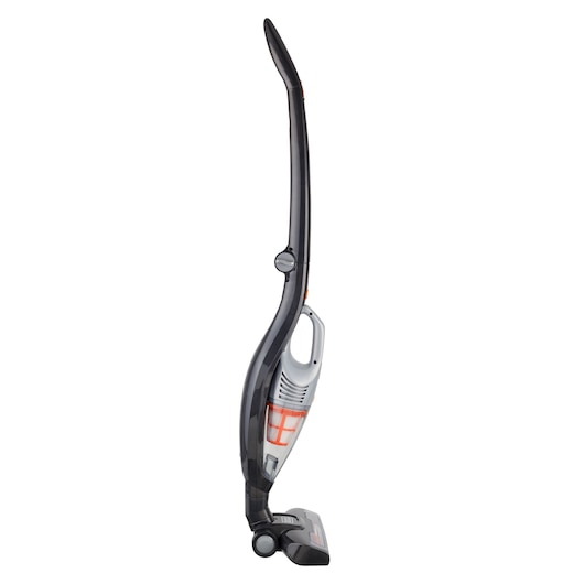 Photo of BLACKDECKER AV160 upright vacuum cleaner, side view, black and gray design with orange accents.