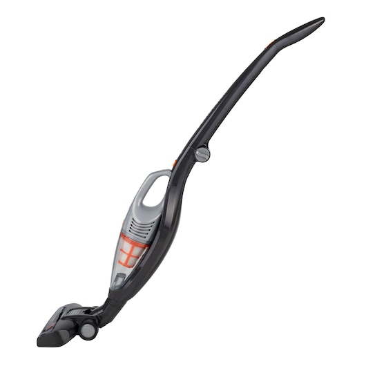 BLACK+DECKER AV160 upright vacuum cleaner, black and gray with transparent dust container, side view on white background.