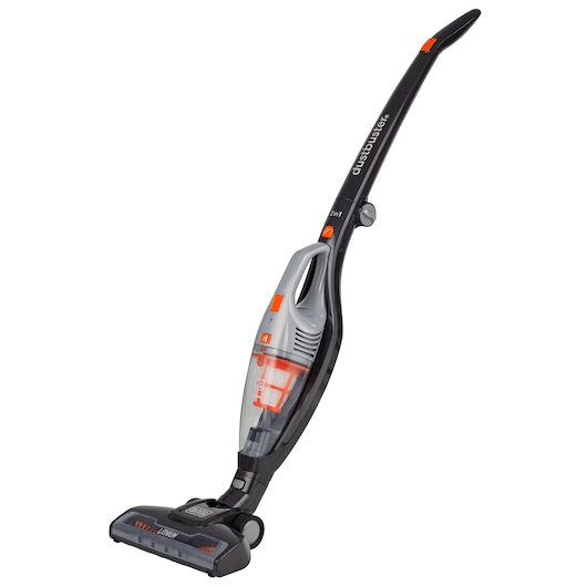 BLACKDECKER AV160 upright cordless vacuum cleaner, black and gray with orange accents, side angle on white background.