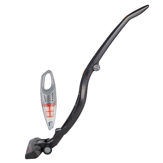 BLACKDECKER AV160 handheld and stick vacuum cleaner in gray and black, side angle, with removable dust container.