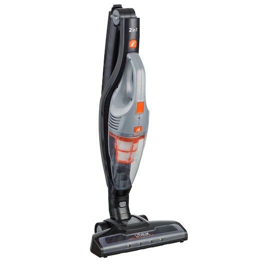 Photo of BLACKDECKER AV160 cordless 2-in-1 stick vacuum cleaner, gray and orange, upright on white background.