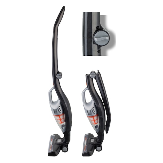 BLACKDECKER AV160 upright vacuum cleaner with foldable handle, shown in two positions with a close-up of the lock knob, side view.