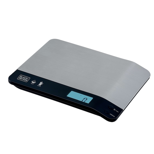 BLACK+DECKER BC500 digital kitchen scale with stainless steel surface, LCD display, and touch controls, angled view.