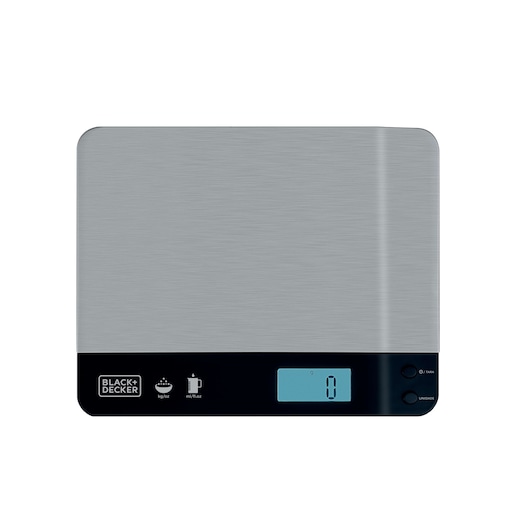 BLACK+DECKER BC500 digital kitchen scale with stainless steel surface, LCD display, and black base, top view.