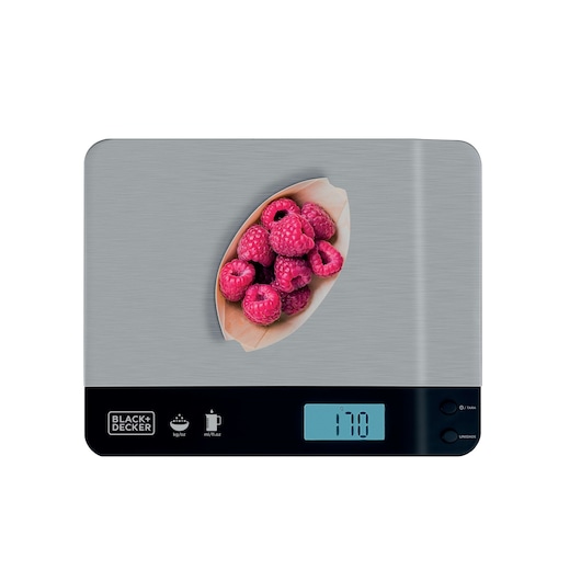 Photo of BLACK+DECKER BC500 digital kitchen scale with bowl of raspberries on stainless steel surface, top view.