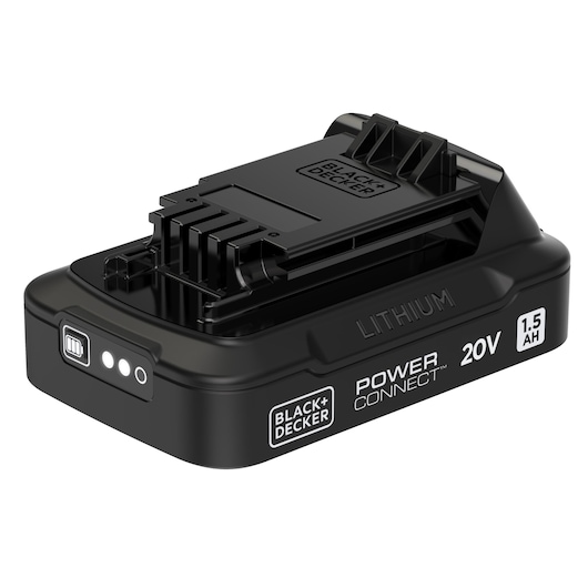 Photo of BLACK+DECKER BDL1520S 20V 1.5Ah lithium battery with power indicator, angled on white background.