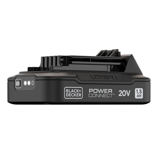 BLACK+DECKER BDL1520S lithium 20V 1.5Ah PowerConnect battery, side angle, black casing, white background.