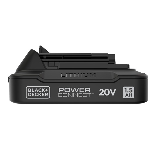 BLACKDECKER BDL1520S black lithium 20V 1.5Ah Power Connect battery, front angle, white background.