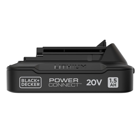 Photo of BLACK+DECKER 20V 1.5Ah lithium battery pack, SKU BDL1520S, side angle on white background.