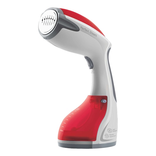 BLACKDECKER BDV2000V handheld steamer with white and red body, front angle, photography product.