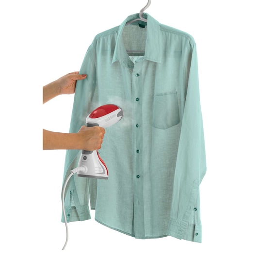 BLACKDECKER BDV2000V handheld garment steamer with red and white design steaming a light blue shirt on hanger.