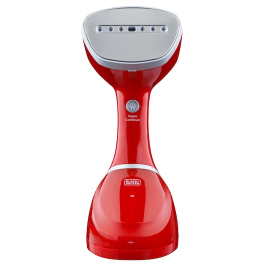 BLACKDECKER BDV2100 red handheld garment steamer, front angle, with steam head and continuous steam button visible.