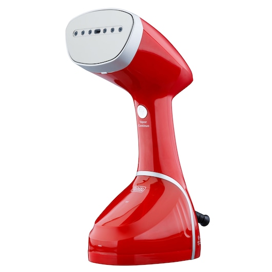 Photo of BLACKDECKER BDV2100 red handheld garment steamer, front angle showing steam plate and control button.