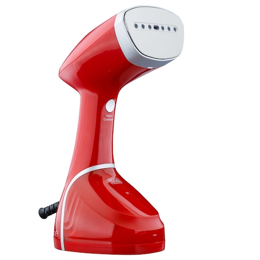 BLACKDECKER BDV2100 red handheld garment steamer, side angle, with silver steam plate and ergonomic handle.
