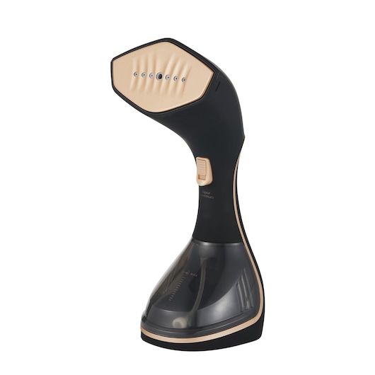 BLACKDECKER BDV2200 handheld garment steamer in black and gold, shown upright on white background.
