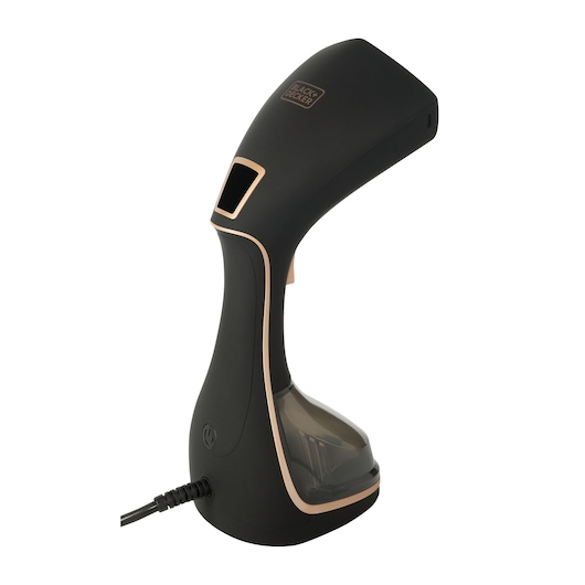 Photo of BLACKDECKER BDV2200 handheld garment steamer in black with gold accents, side angle, white background.