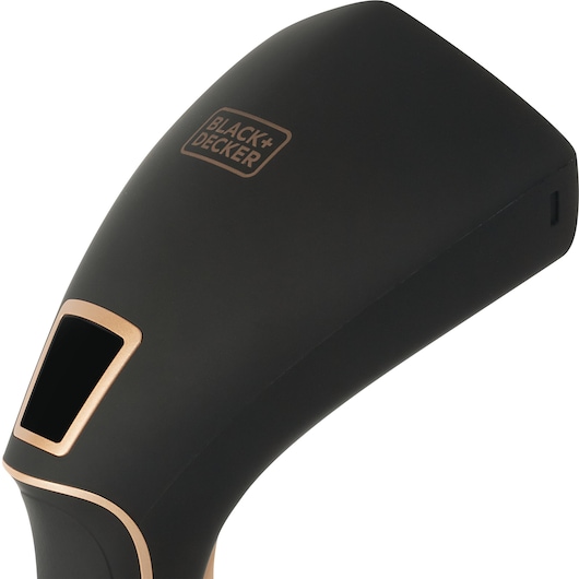 Photo of BLACK+DECKER BDV2200 handheld device in matte black with gold trim, close-up angle on white background.
