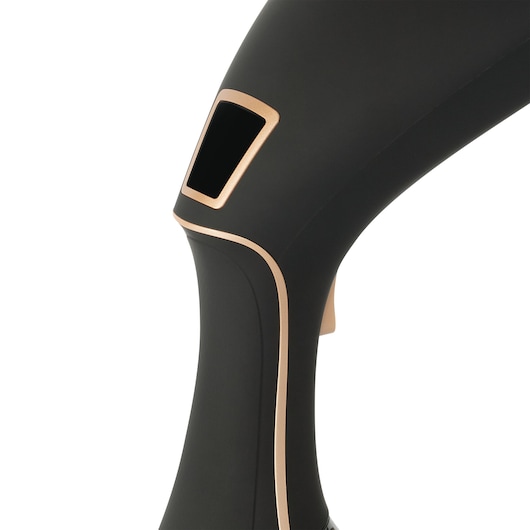 Photo of BLACKDECKER BDV2200 matte black device handle with gold trim, close-up, white background.