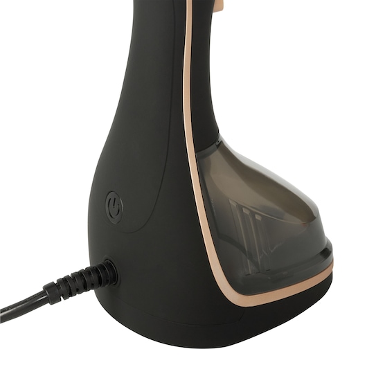 Photo of BLACKDECKER BDV2200 handheld garment steamer base, black with gold trim, side angle on white background.