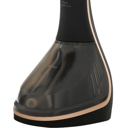 BLACKDECKER BDV2200 handheld steamer water tank, black and gold, close-up angle.