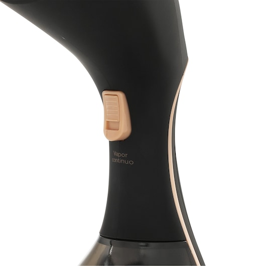 Photo of BLACKDECKER BDV2200 handheld garment steamer, showing black and beige body with steam control switch, side angle.
