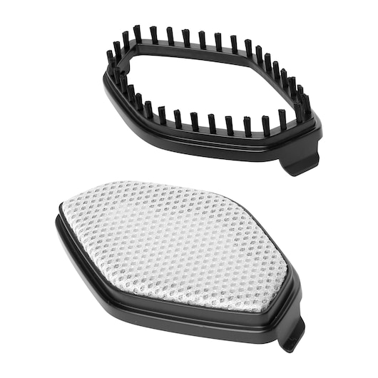 Two BLACK+DECKER steam iron accessories. One accessory is a black plastic frame with evenly spaced bristles, and the other is a black frame with a white mesh cover.