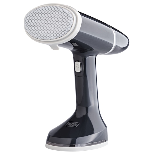 BLACKDECKER BDV3100 handheld garment steamer, black and white, front angle on white background.