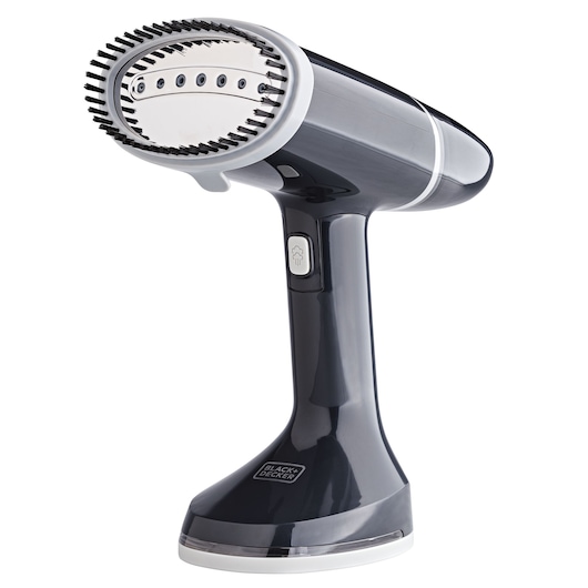 BLACK+DECKER BDV3100 handheld garment steamer in black, side angle, with brush attachment.
