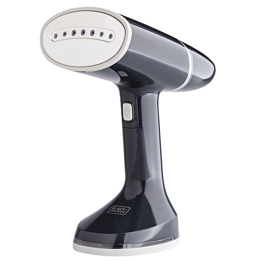 BLACKDECKER BDV3100 handheld garment steamer, black and silver, front angle on white background.