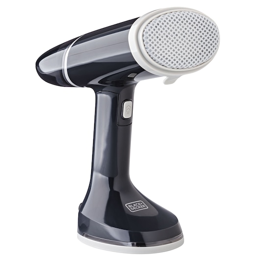 BLACK+DECKER BDV3100 handheld garment steamer, black and white, front angled view on white background.
