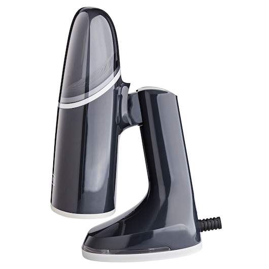 BLACKDECKER BDV3100 handheld fabric steamer, dark gray with white accents, side angle on white background.