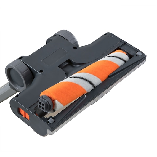 BLACKDECKER BHFEA18D1 vacuum cleaner head with orange and white striped roller, front angle on white background.