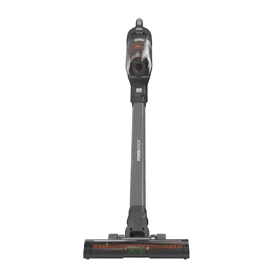 Photo of BLACKDECKER BHFEA18D1 stick vacuum, front angle, grey and black with clear dust bin.