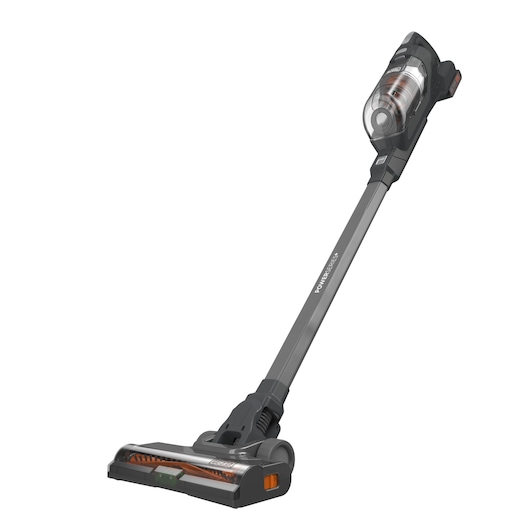 BLACKDECKER BHFEA18D1 stick vacuum cleaner in dark grey, angled front view on white background.