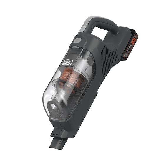 BLACKDECKER BHFEA18D1 handheld vacuum, black and gray, side angle, clear dust container.