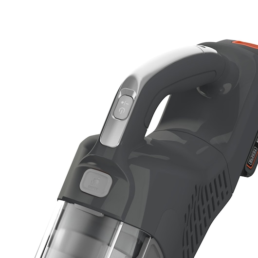 BLACKDECKER BHFEA18D1 cordless handheld vacuum cleaner, close-up angle, showing handle and control buttons.
